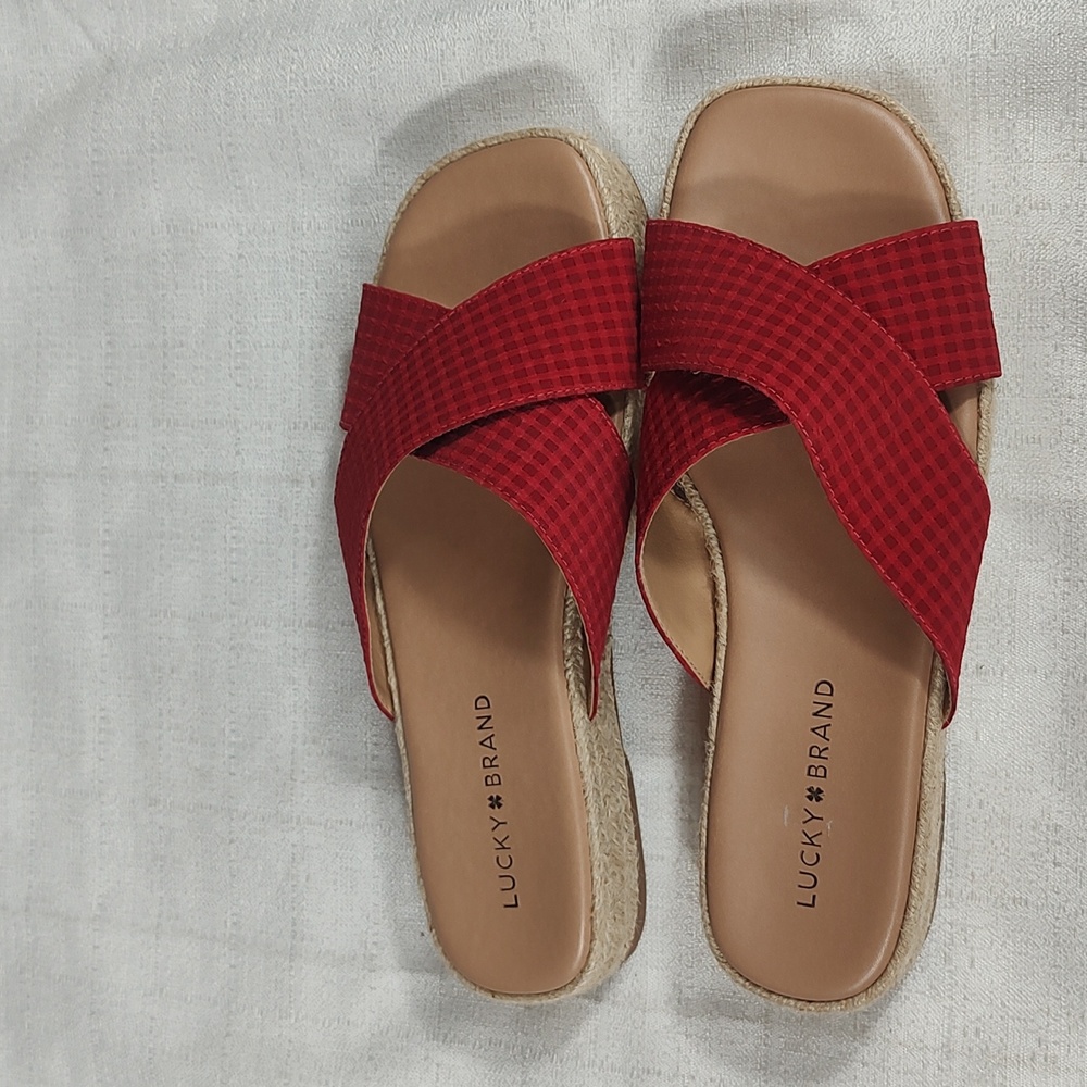 Lucky Brand Gayte Red Plaid Chunky Platform Fabric Upper Sandal Womens Size 7.5M - Picture 4 of 7